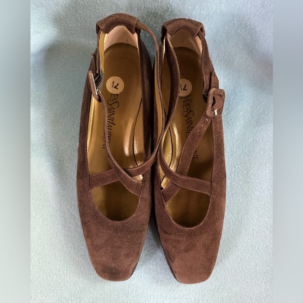 Yves Saint Laurent YSL Brown Suede Criss Cross Strap Mary Jane Chunky Heels - Picture 6 of 11